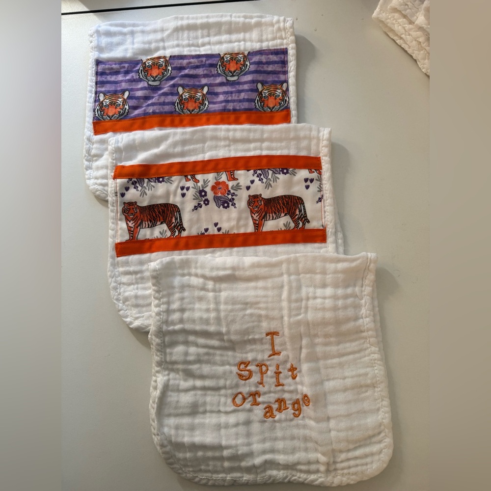 Clemson /  "I spit orange " / tiger themed burp cloth for baby gift set of 3